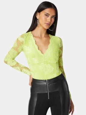NWT Bebe Scallop Edge Long Sleeve Lace Bodysuit - Cyber Lime Neon Yellow XL